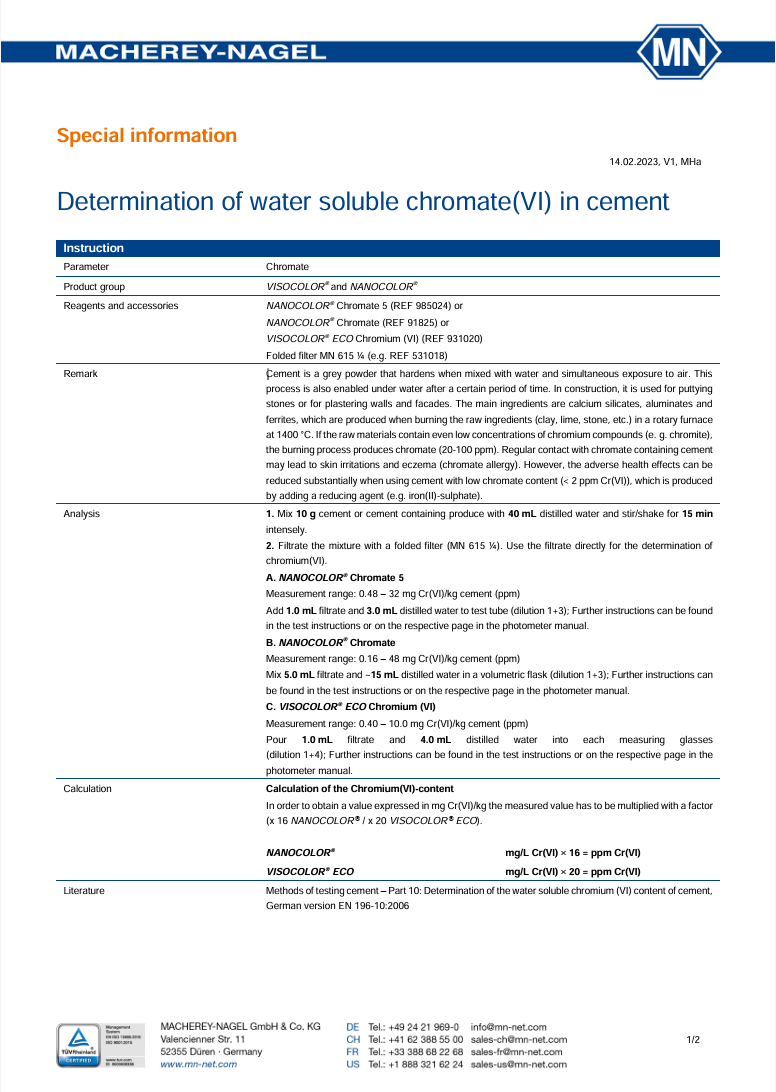 MACHEREY-NAGEL instructions for determination of water-soluble chromate VI in cement